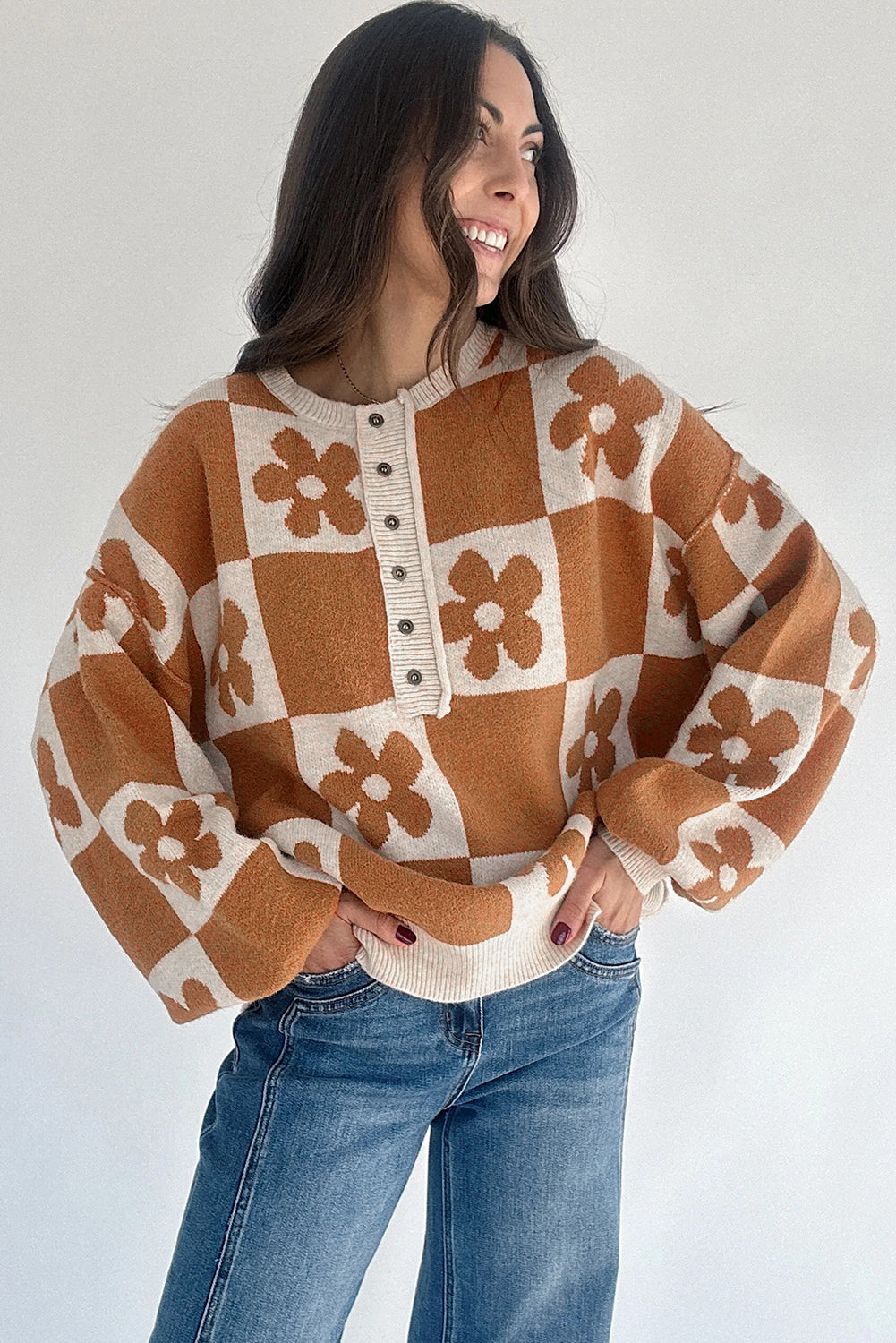 Flower Colourblock Checkered Henley Sweater - eAura