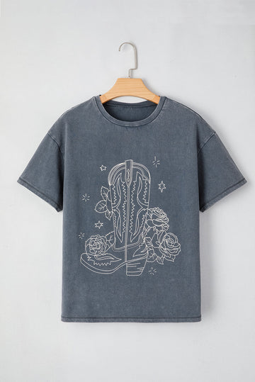 High-Rise Western Cowboy Boots Graphic Tee - Tops/Tops & Tees