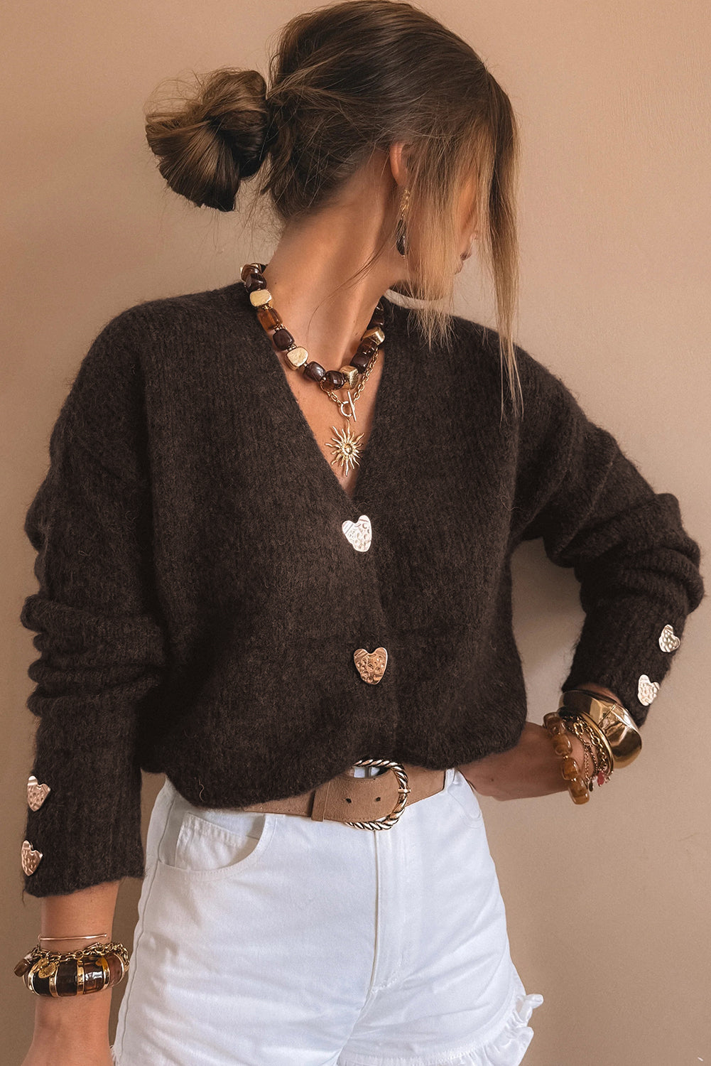 Heart Metal Button V-Neck Cardigan - eAura