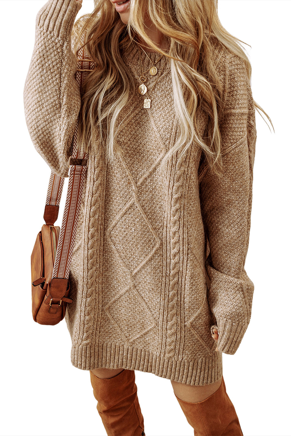 Cable Knit Drop Shoulder Sweater Dress – Beige