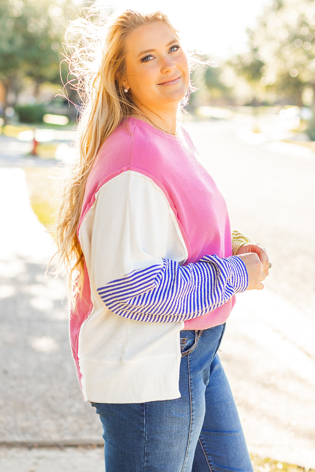 Rose Red Colourblock Patchwork Striped Puff Sleeve Plus Size Top with Slits BB Fashion Outlet