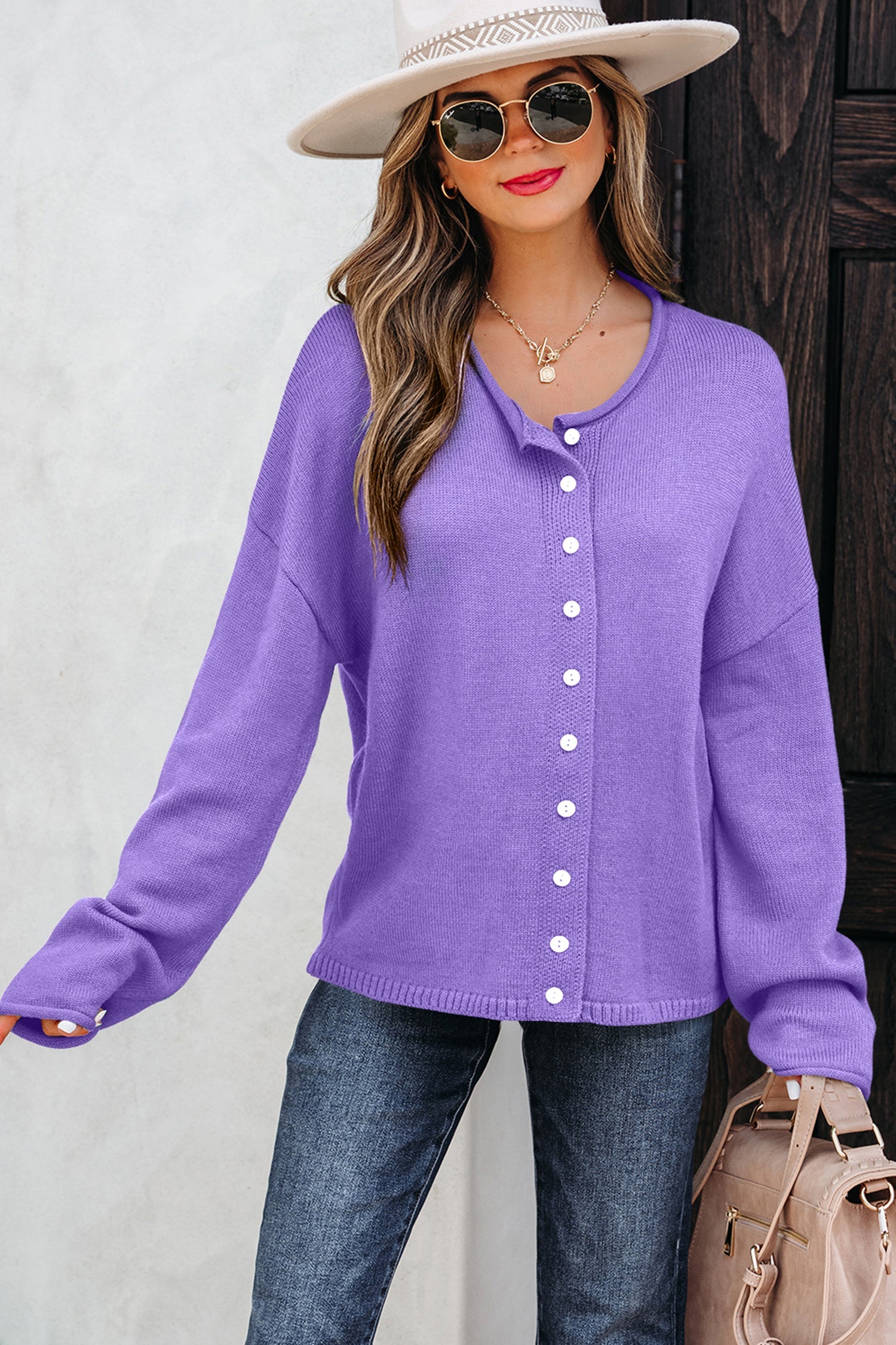 Knit Button Drop Shoulder Sweater Cardigan - Sweaters & Cardigans/Cardigans