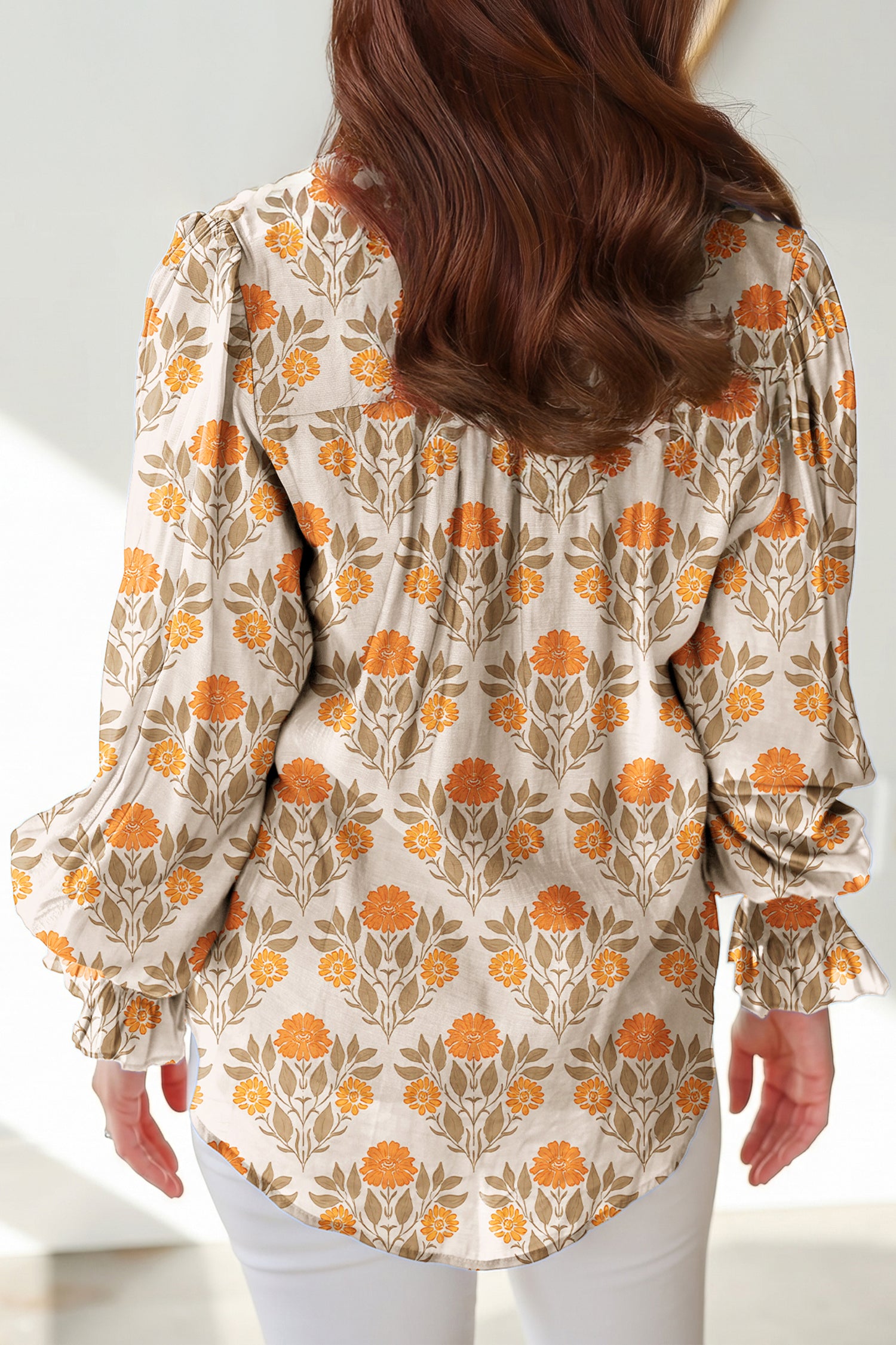 Floral Print Contrast Detail V Neck Long Sleeve Blouse – Orange