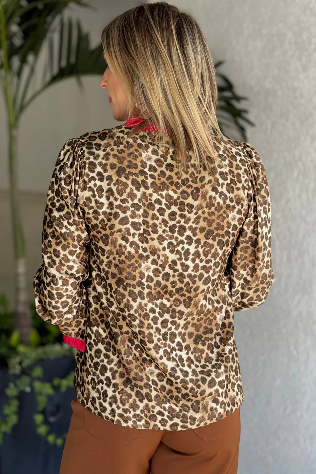 Leopard Allure Contrast Ruffle Trim V-Neck Shirt - eAura