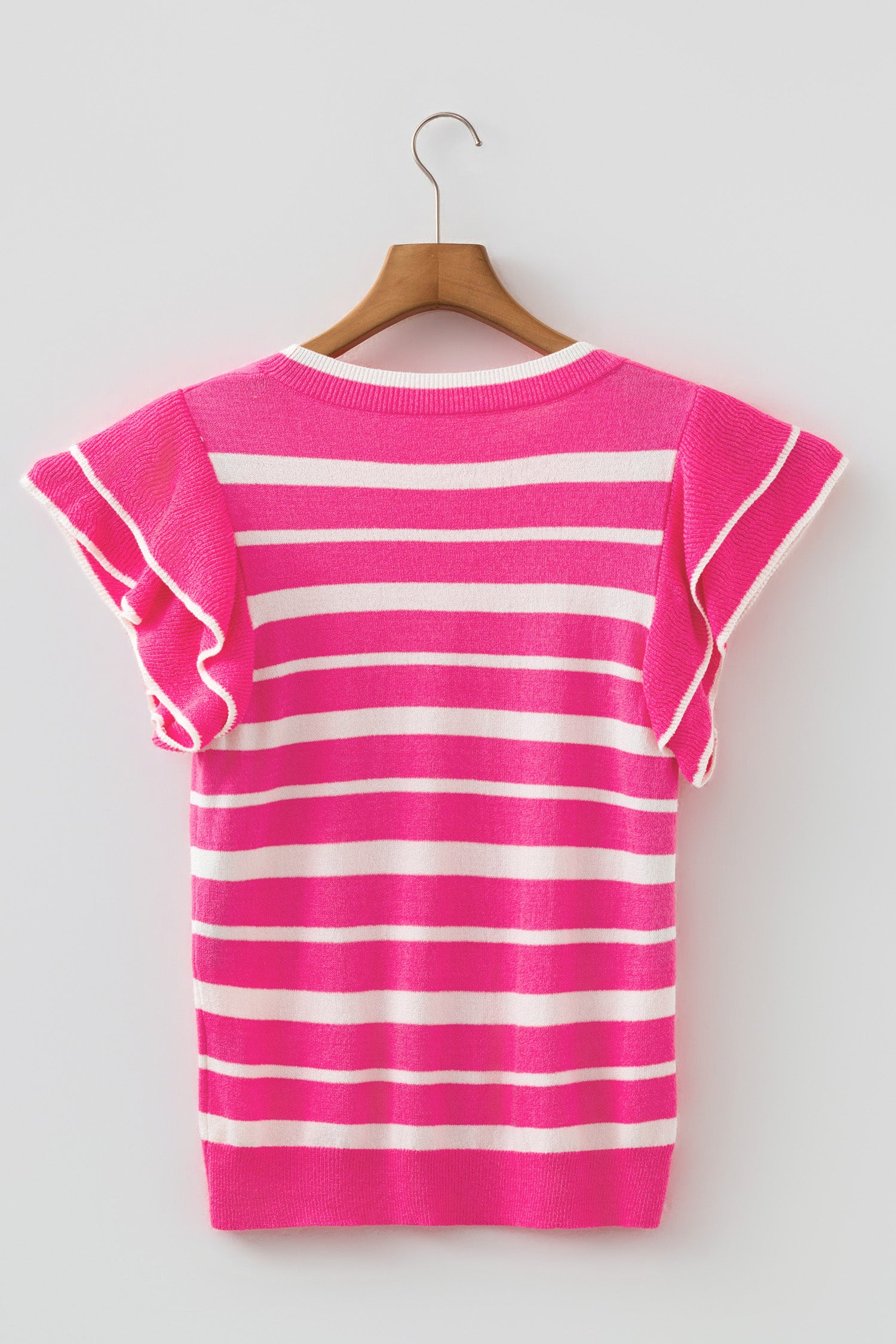 Double Ruffle Short Sleeve Lightweight Knit Sweater – Rose Stripe
