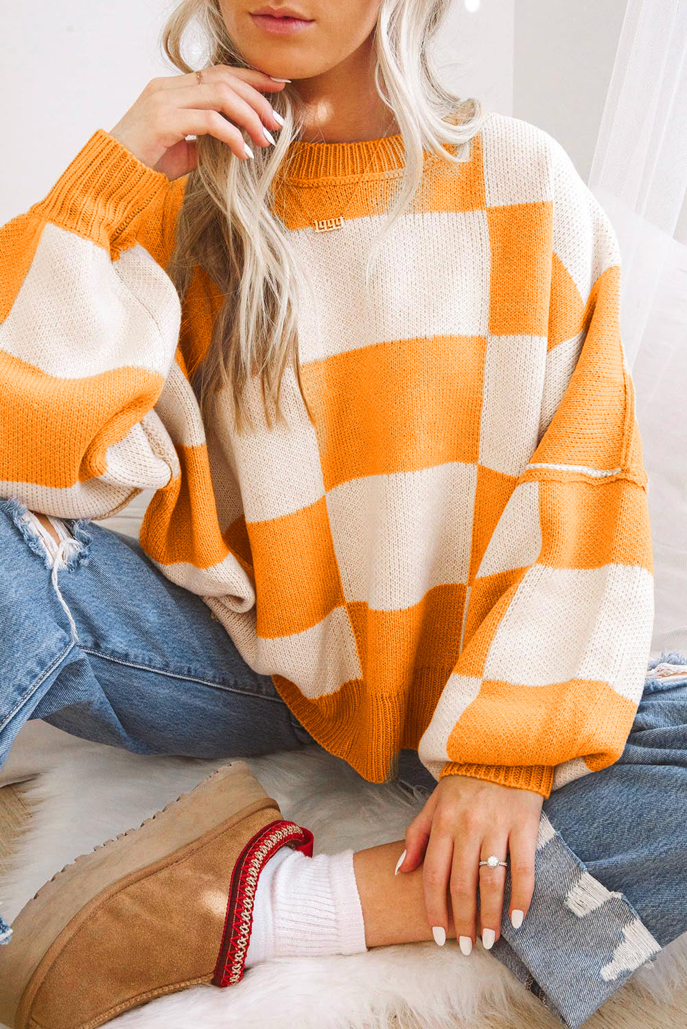 Orange Checkered Bishop Sleeve Sweater eAura