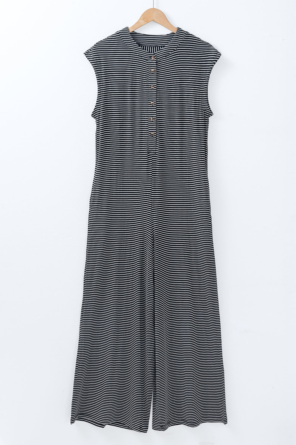 Black white Striped Print Buttoned Wide Leg Sleeveless Jumpsuit eAura