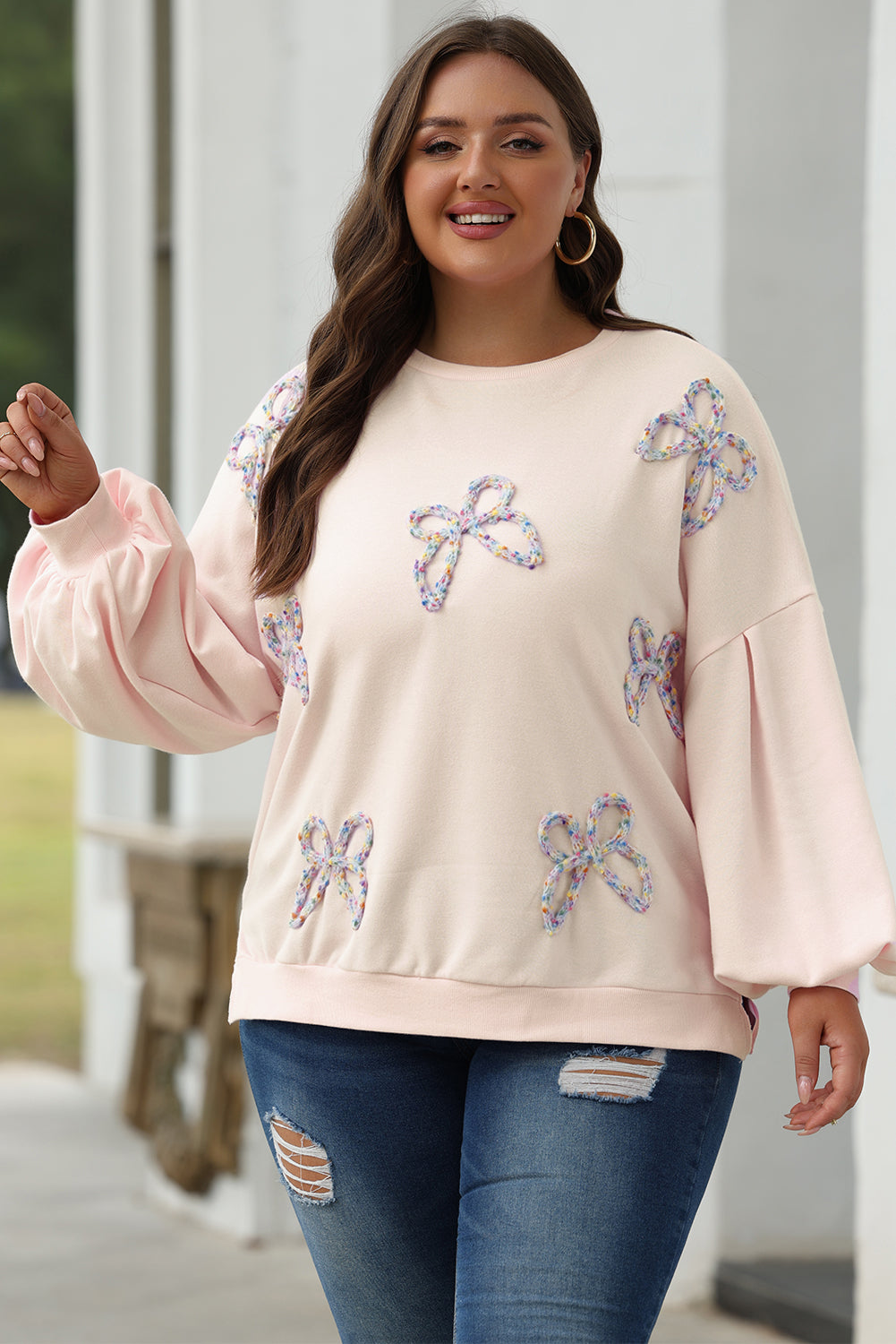 Parchment Embroidered Bow Lantern Sleeve Oversized Pullover Sweatshirt eAura