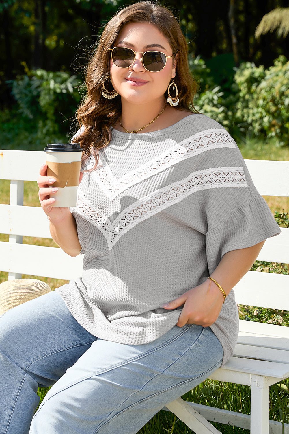 Light Grey Lace Insert Waffle Ruffle Short Sleeve Plus Size Top BB Fashion Outlet