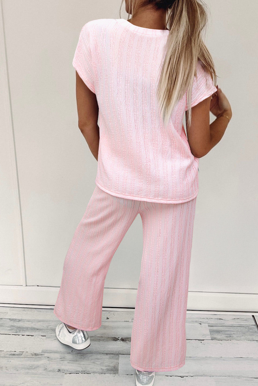 Light Pink Textured Short Sleeve Henley Top and Pocketed Wide Leg Trousers eAura