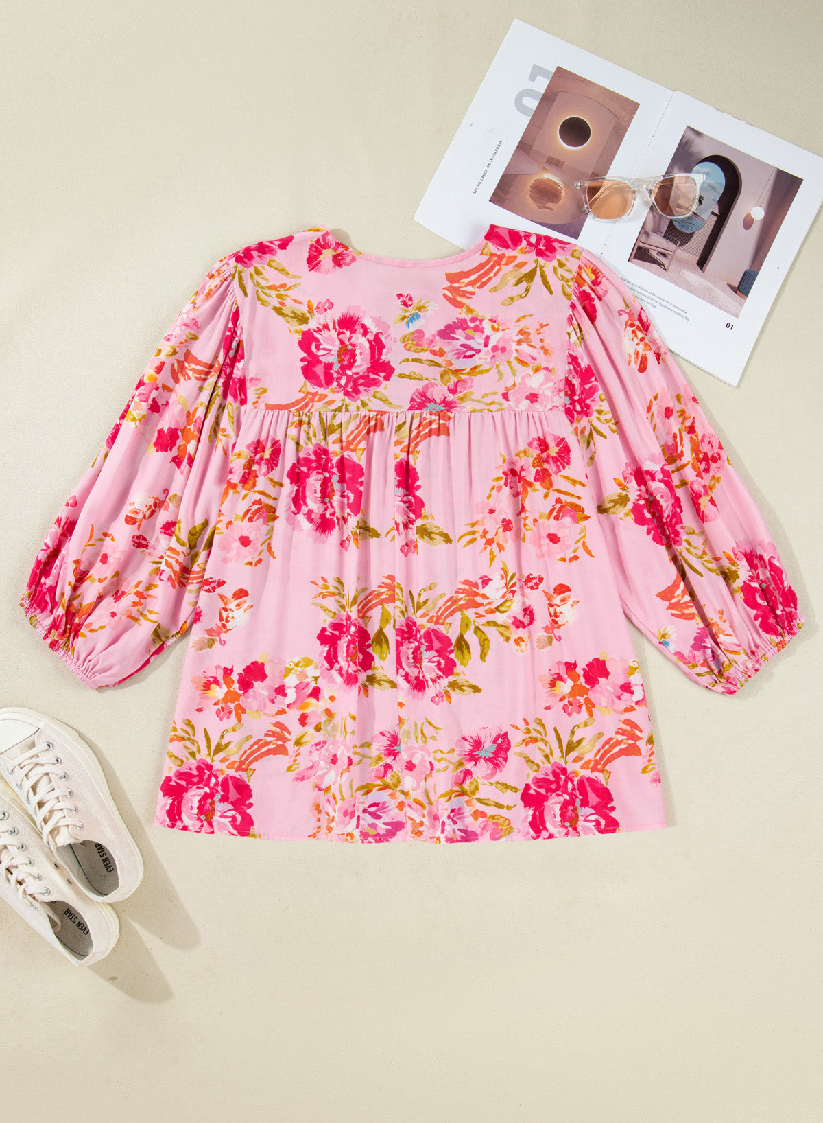 Plus Size Floral Print V Neck Tie Front Short Sleeve Tunic Top – Pink