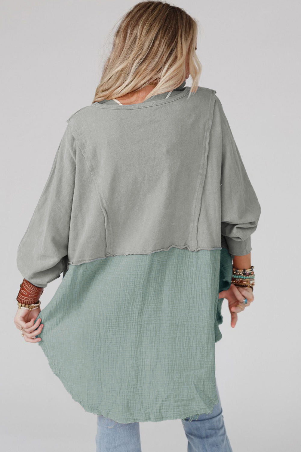 Camel Crinkle Splicing Raw Hem High Low Oversized Blouse eAura