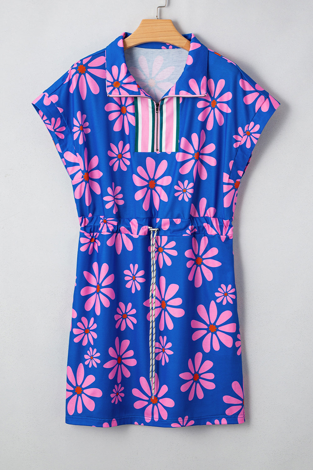 Floral Striped Quarter Zip Cap Sleeve Drawstring Waist Mini Dress