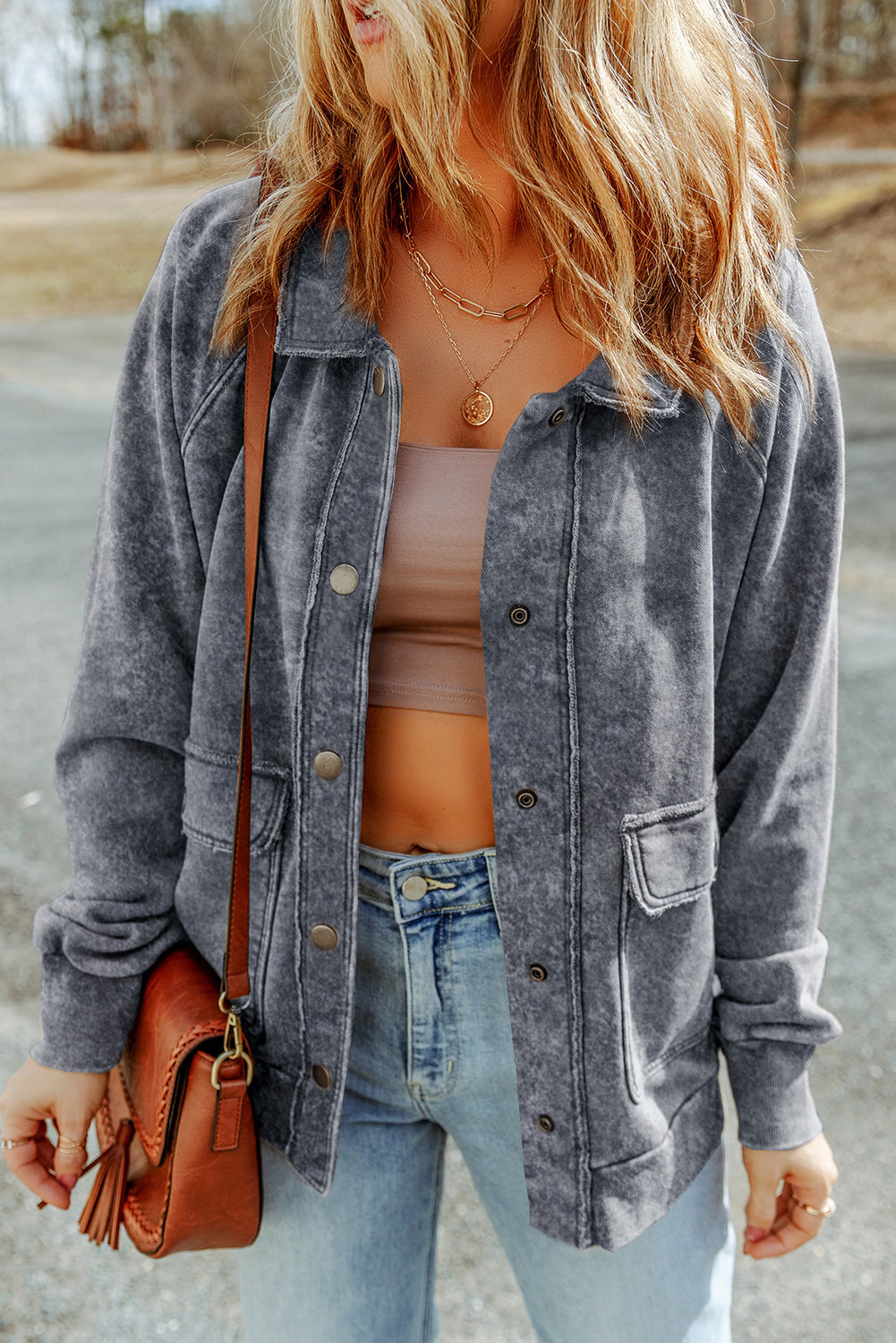 Grey Vintage Washed Flap Pocket Button Shacket eAura
