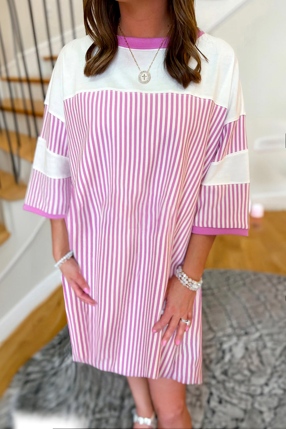 Phalaenopsis Striped Patchwork Three Quarters Sleeve Loose Mini Dress eAura