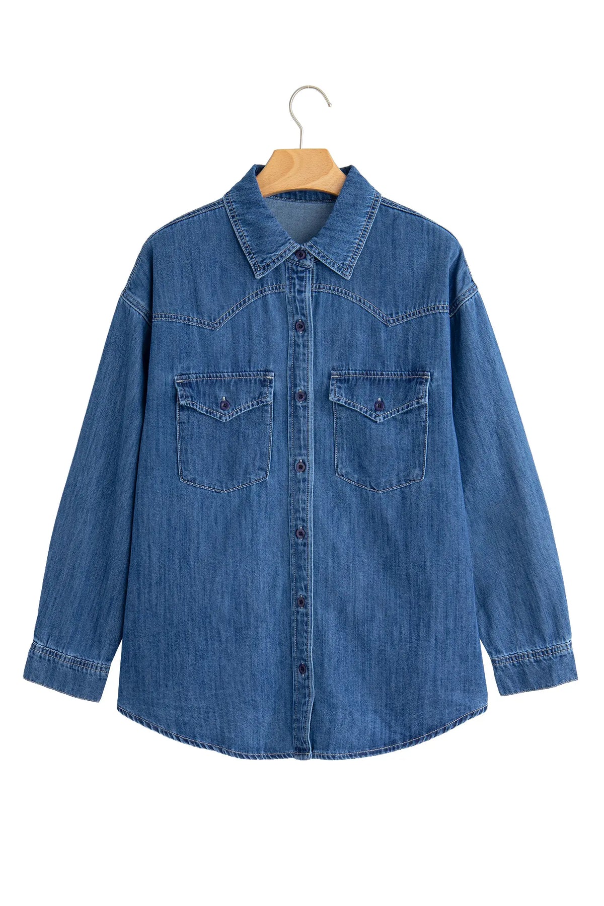 Western Patch Pockets Tunic Length Long Sleeve Denim Shirt – Sail Blue