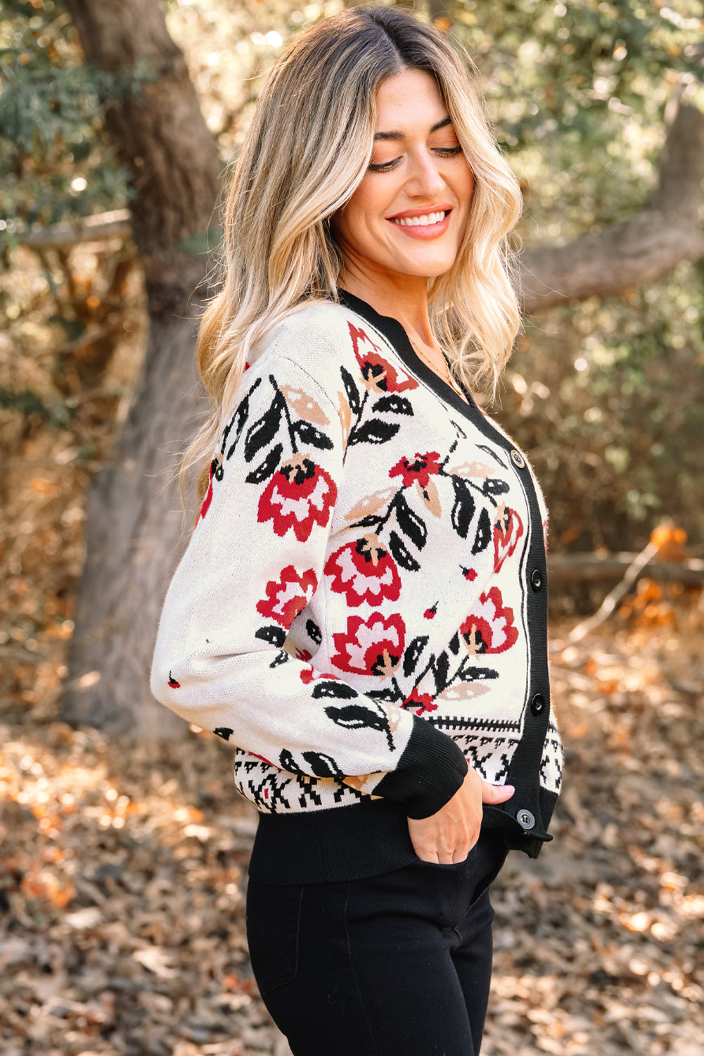 Floral Print Buttoned Front V-Neck Knit Cardigan - eAura