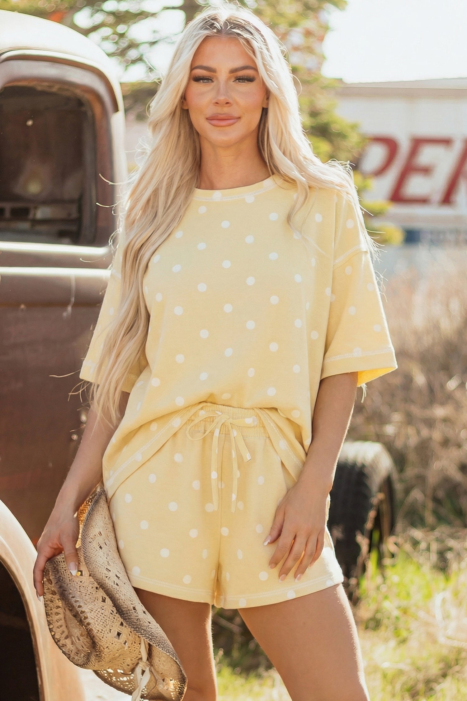 Exposed Seam Detail Polka Dot Loose Tee Drawstring Shorts Set – White