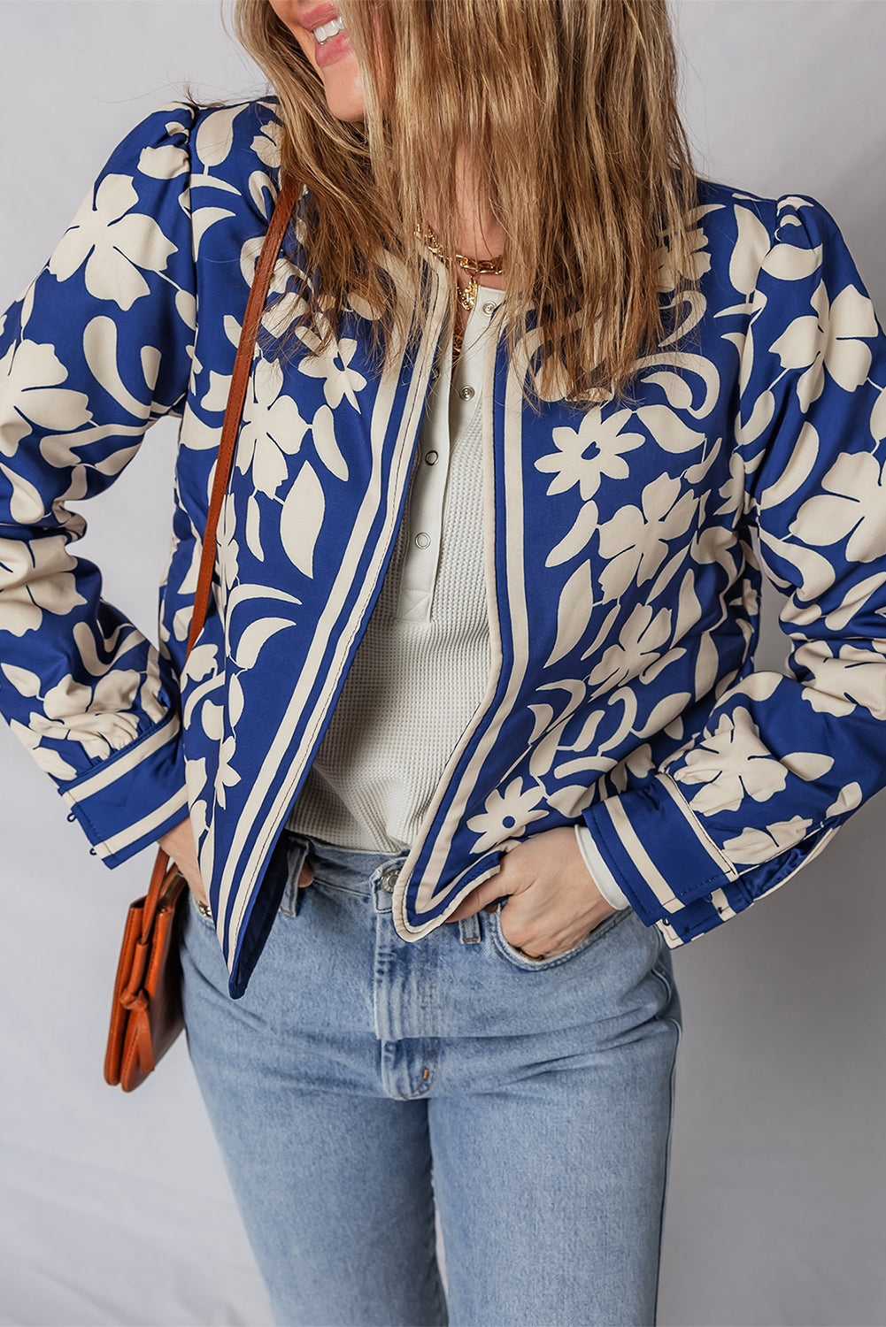 Blue Flower Print Open Front Buttoned Cuffs Elegant Jacket Dear-Lover Dropshipping
