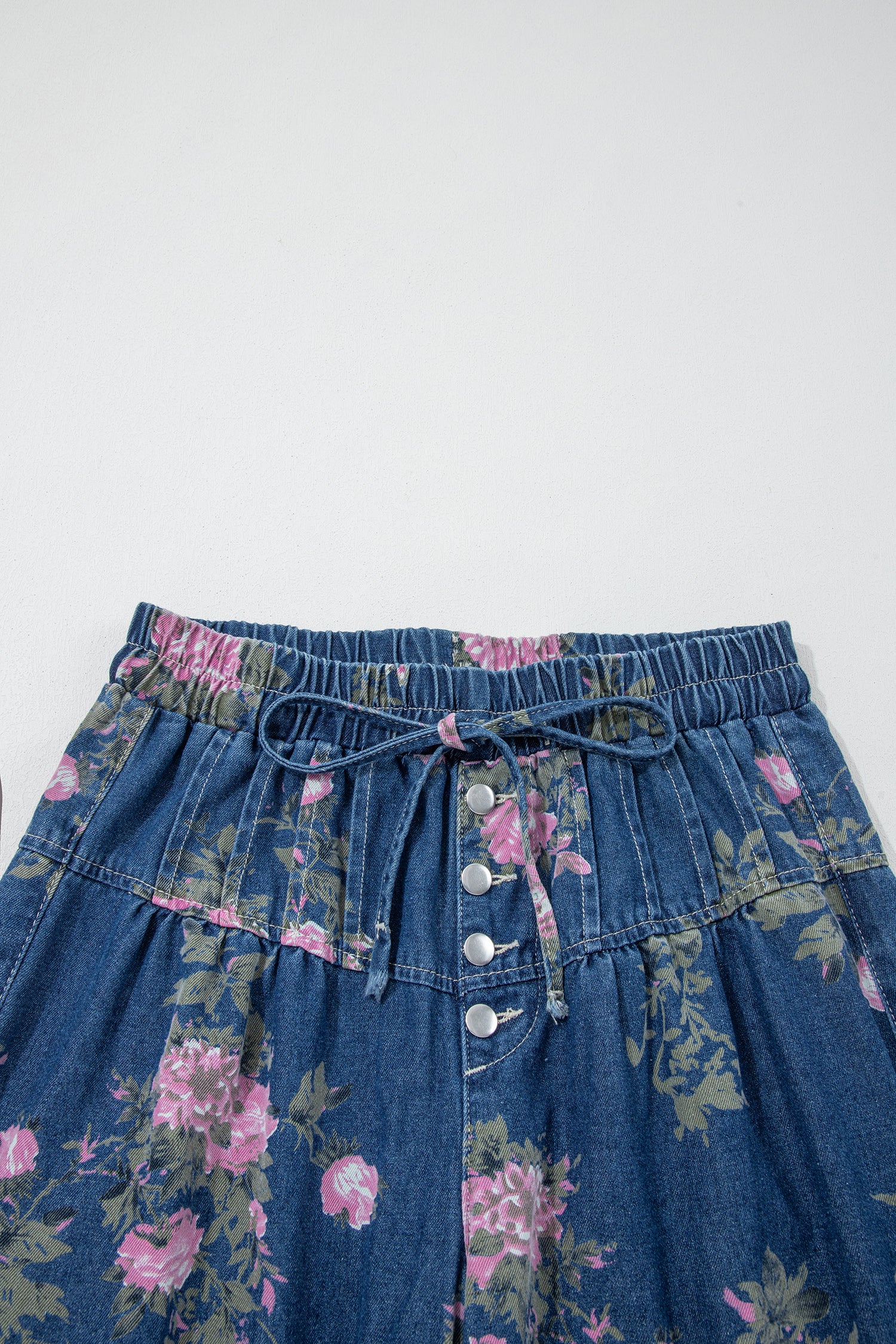 Floral Print Elastic Waist Pintuck Wide Leg Jeans