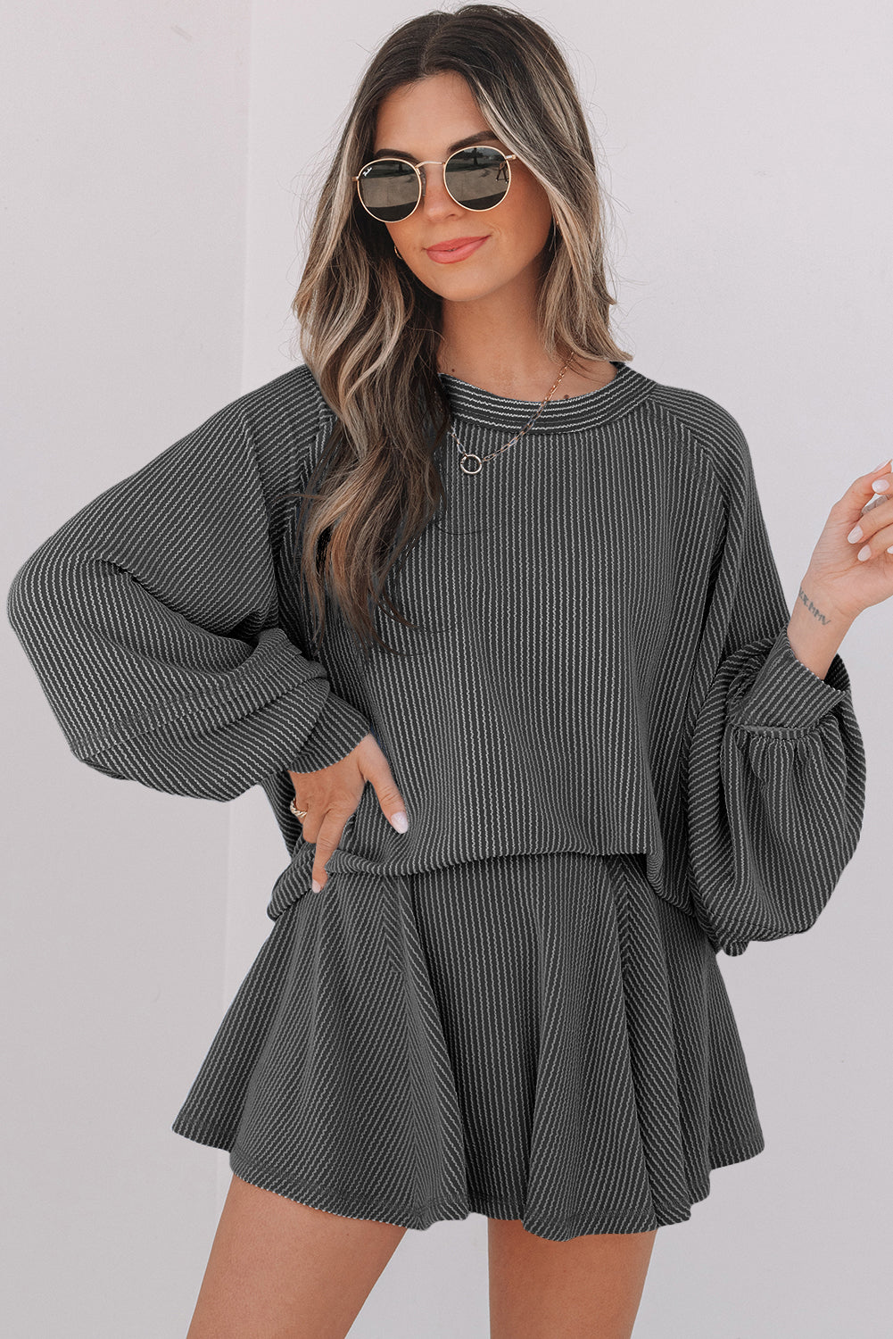 Soft Cord Lantern Sleeve Top & High Waist Ruffled Mini Skort Co-ord Dear-Lover Dropshipping