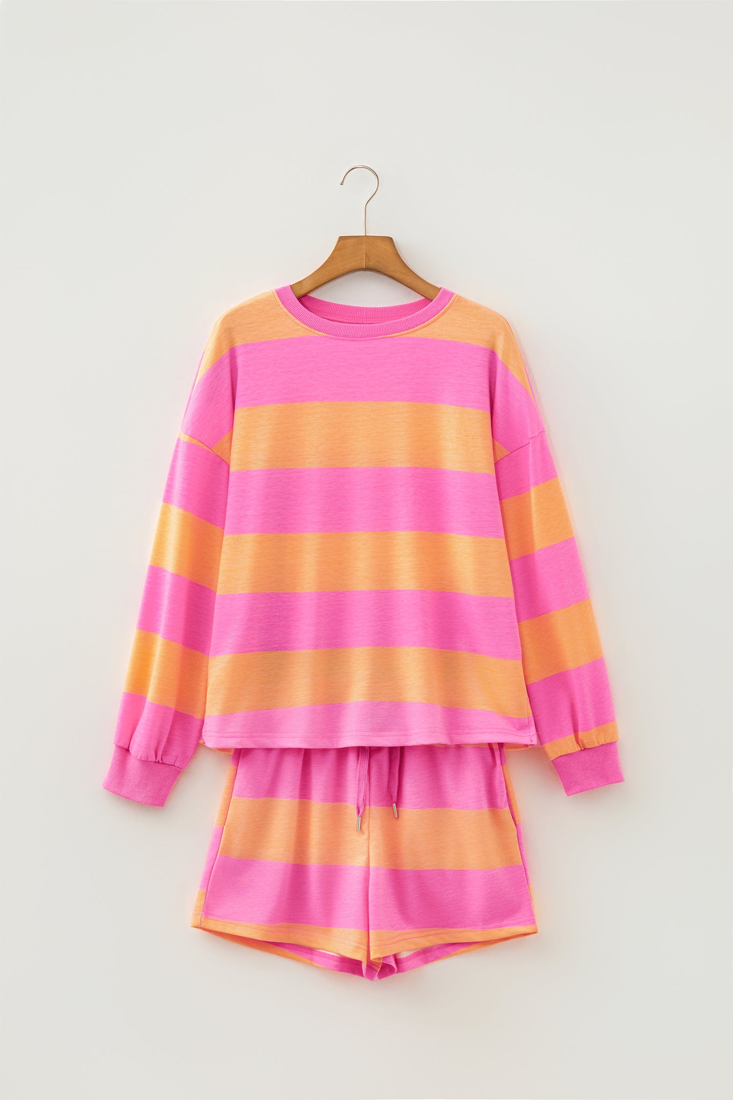 Long Sleeve Casual Top Drawstring Shorts 2pcs Set – Pink Stripe