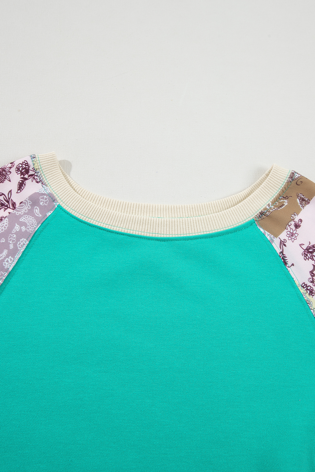 Aruba Blue Plaid Vintage Paisley Patchwork Long Sleeve Raglan Top Beagle Boutique Fashion Outlet