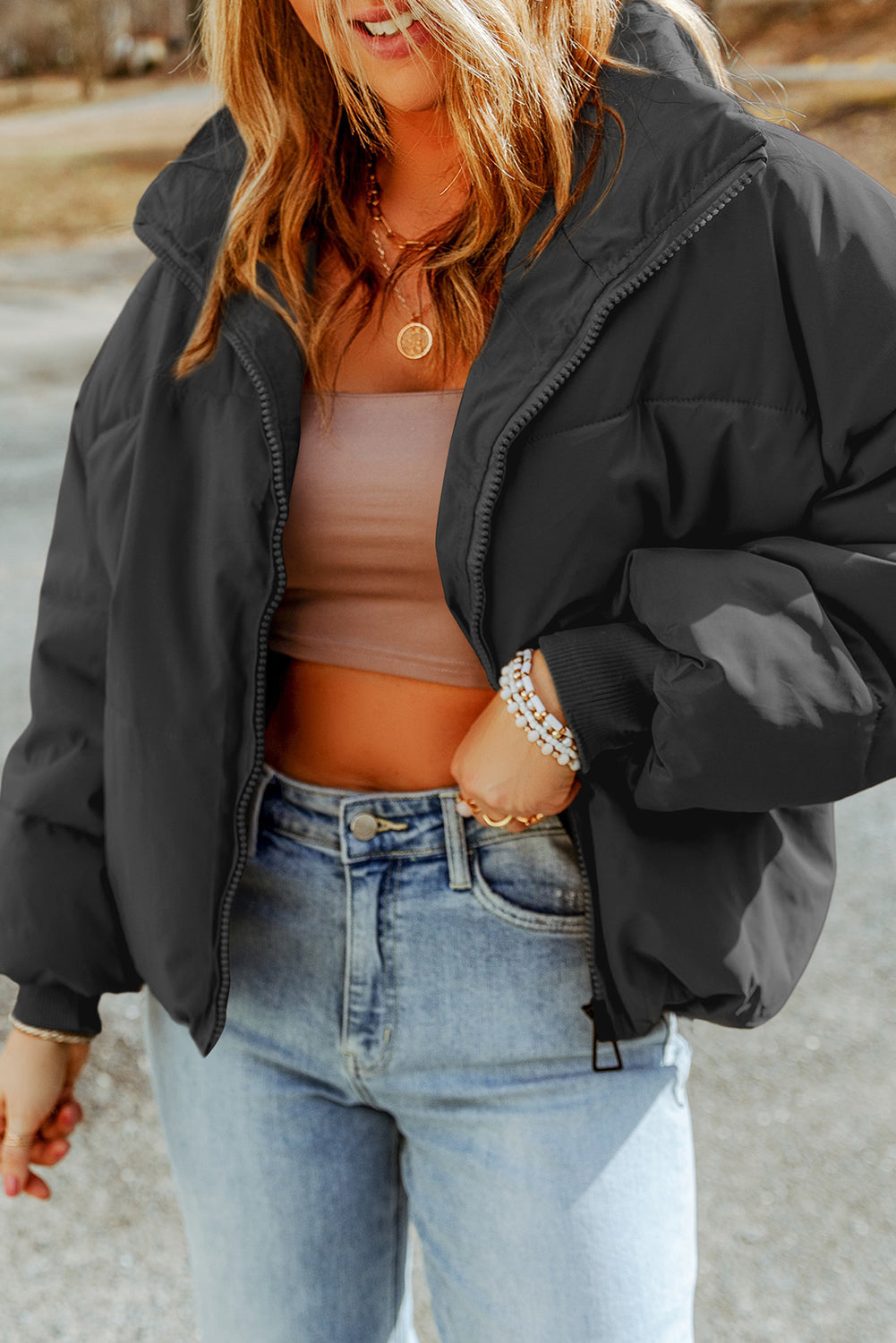 Zip-Up Puffer Jacket With Pockets - eAura