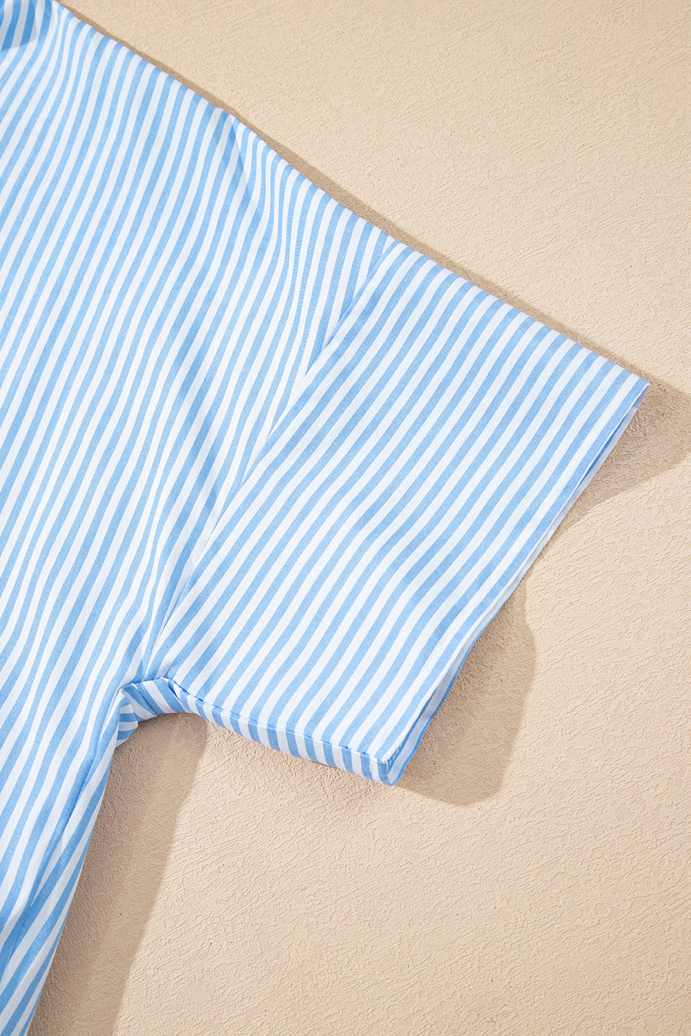 Sky Blue Stripe Contrast Collar Hidden Button Short Sleeve Summer Shirt BB Fashion Outlet
