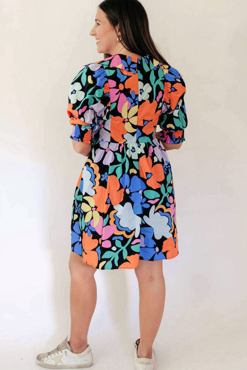 Blue Collared Split Neck Floral Flared Dress BB Fashion Outlet
