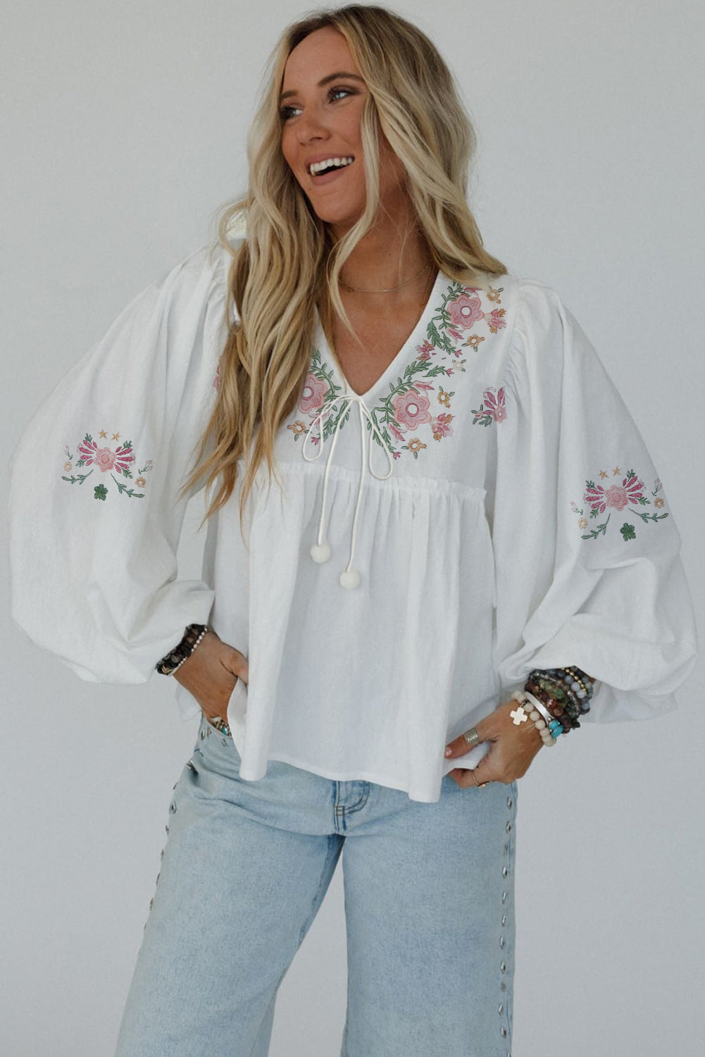 White Flower Lace-up V-Neck Babydoll Blouse eAura