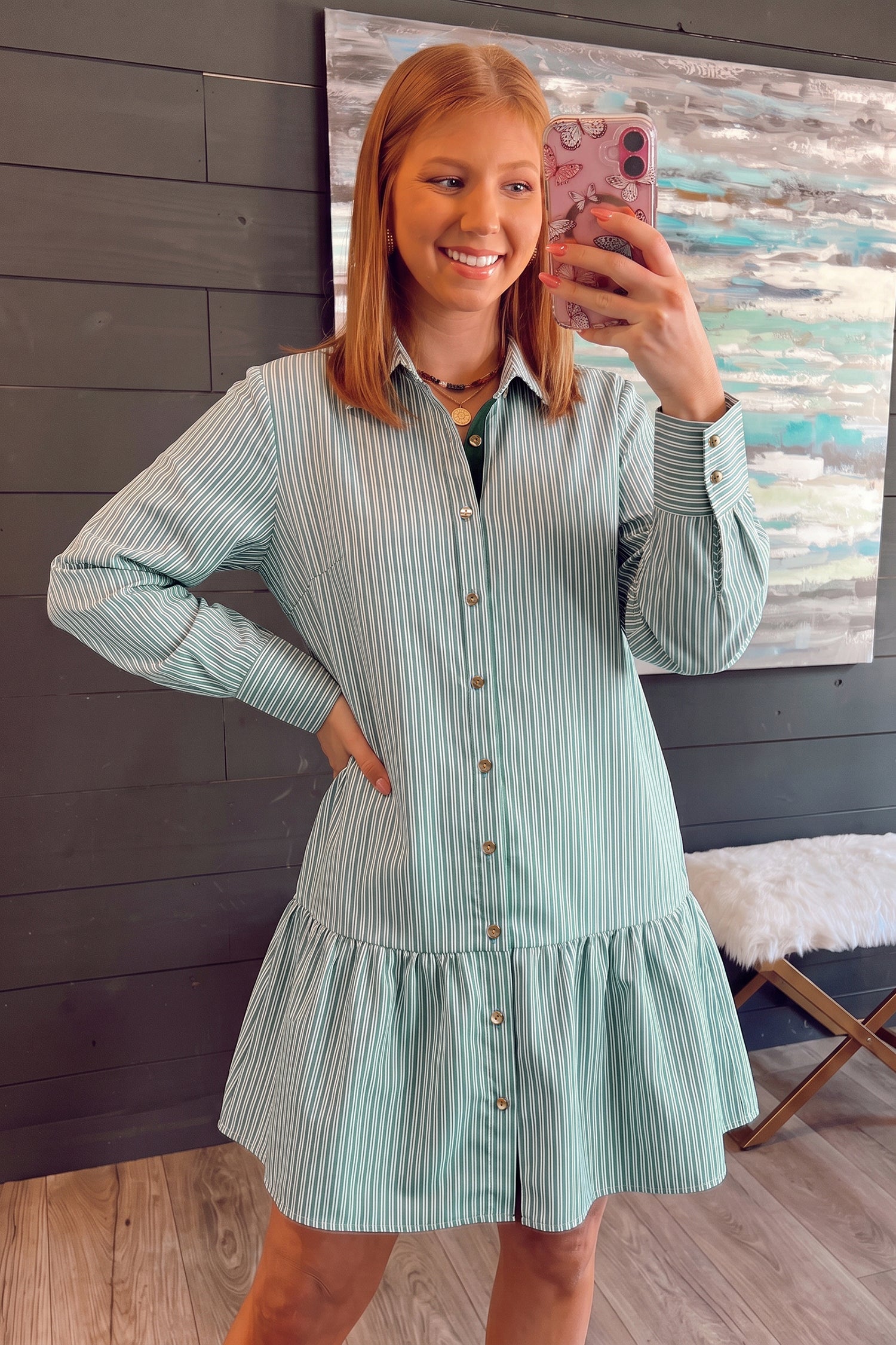 Striped Shift Long Sleeve Dress – Green Stripe