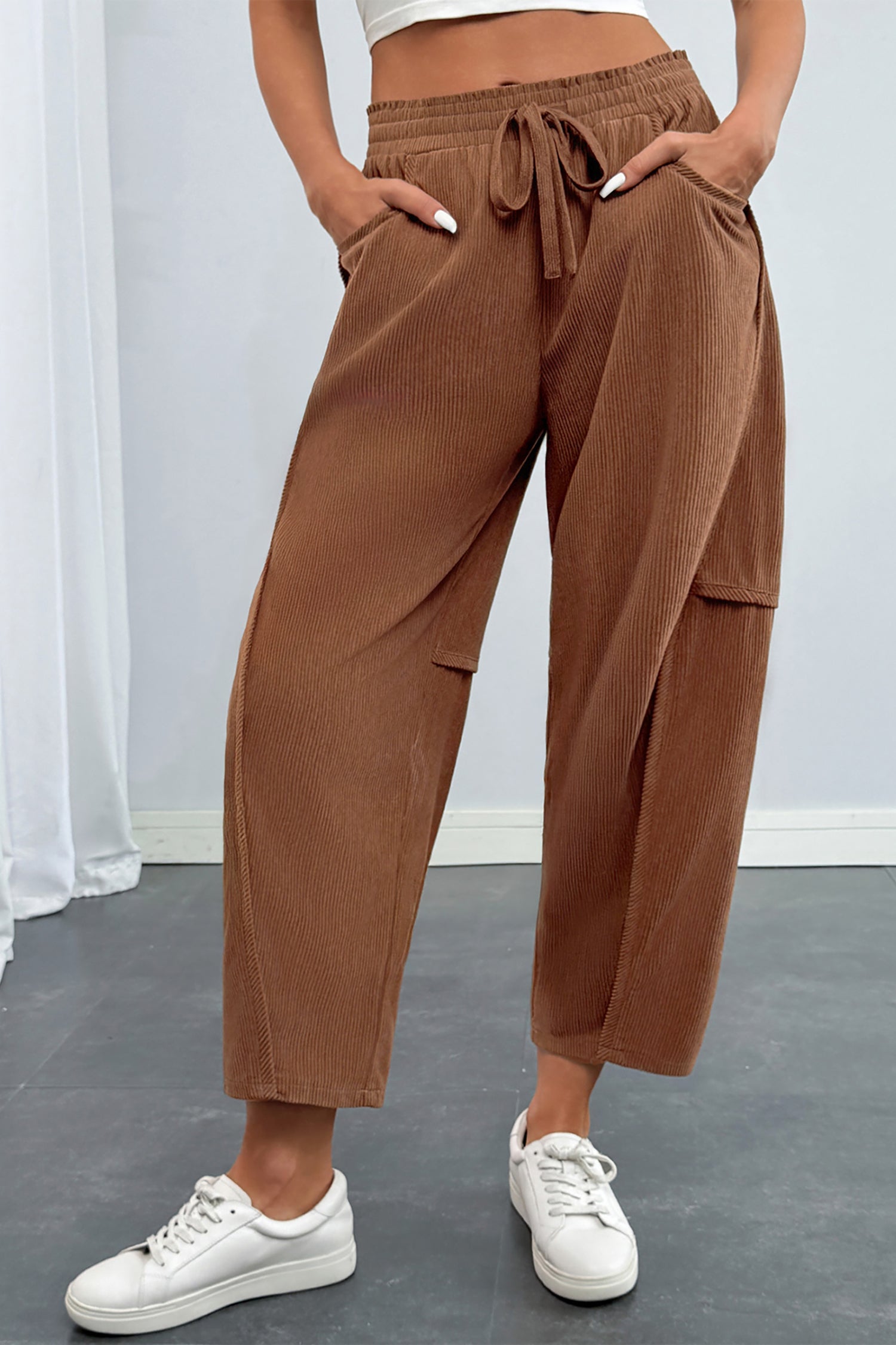 Coffee Corduroy Elastic Waist Drawstring Cargo Pants – Brown