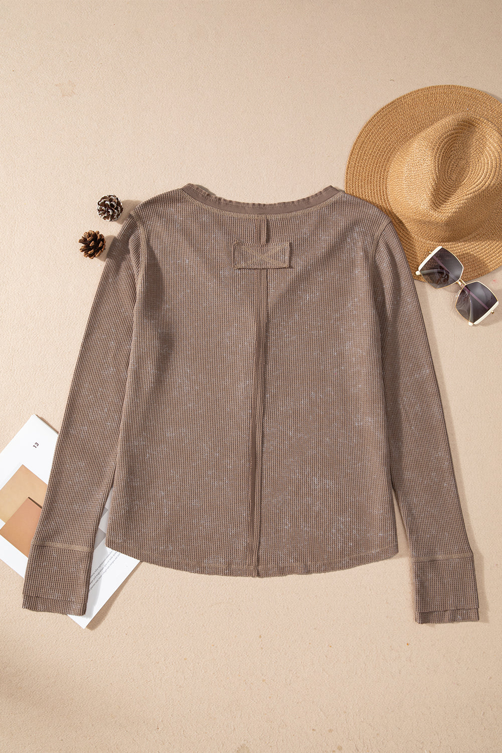 Smoke Green Acid Wash Waffle Knit Buttoned Neckline Long Sleeve Top Beagle Boutique Fashion Outlet