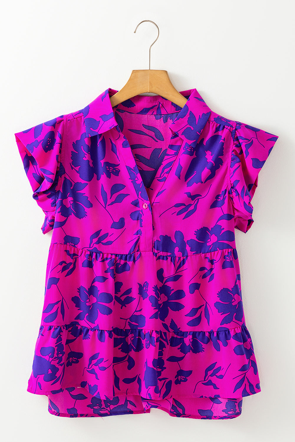 Rose Floral Print Collared Button Neckline Flutter Sleeve Blouse eAura
