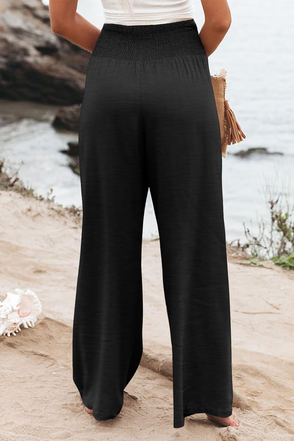 Black Shirred High Waist Plus Size Wide Leg Pants BB Fashion Outlet