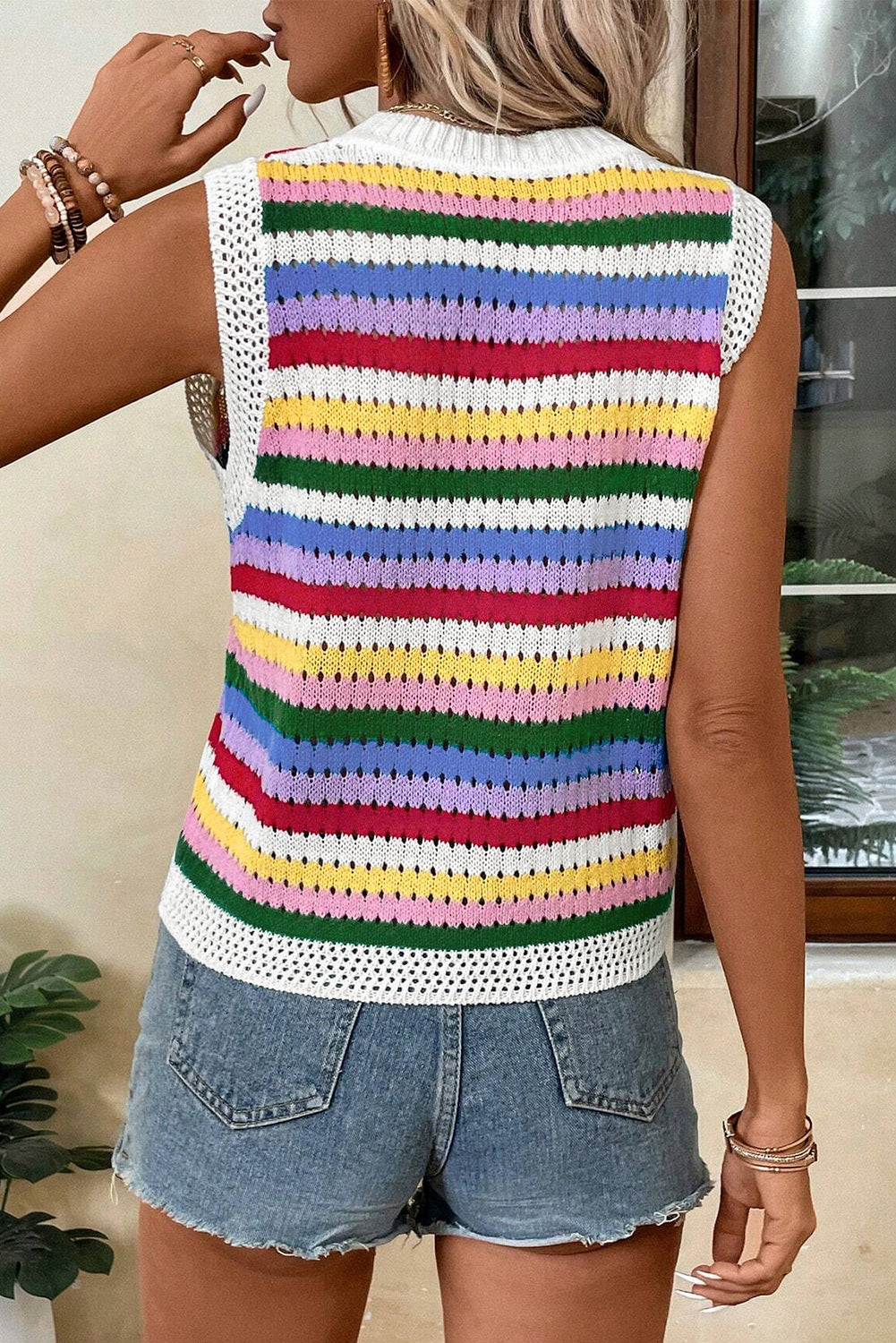 Multicolour Striped Knitted Eyelet Slim Sweater Vest eAura