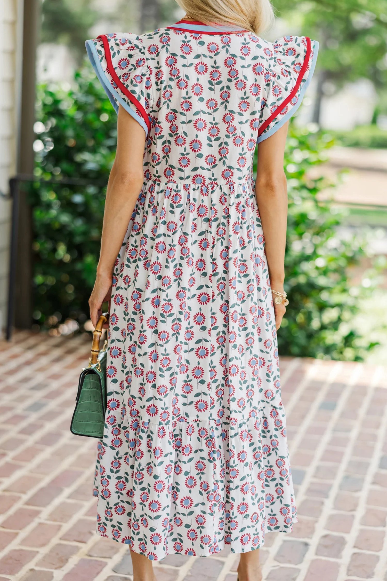 Sunflower Print Striped Patchwork Trim Flutter Sleeve Long Dress