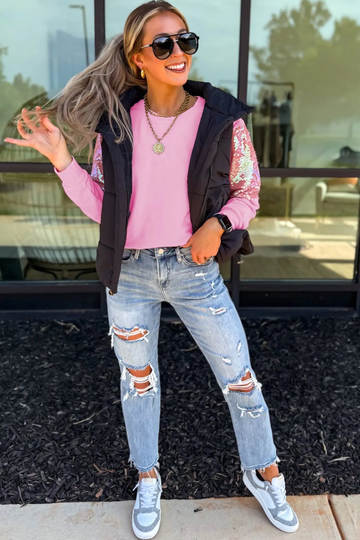 Long Sleeve Sequin Round Neck Pullover Top – Pink