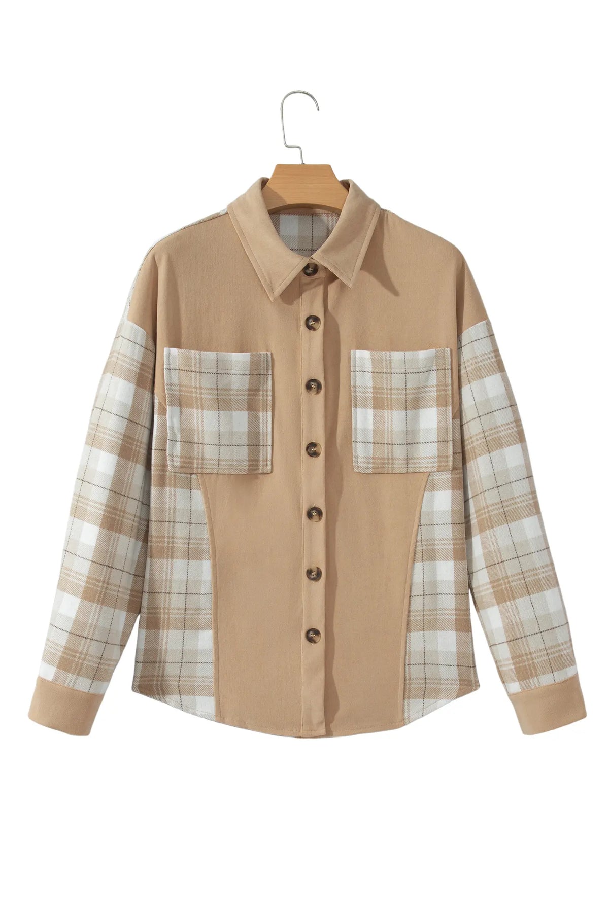 Plaid Colourblock Shirt Collar Shift Shacket – Light French Beige