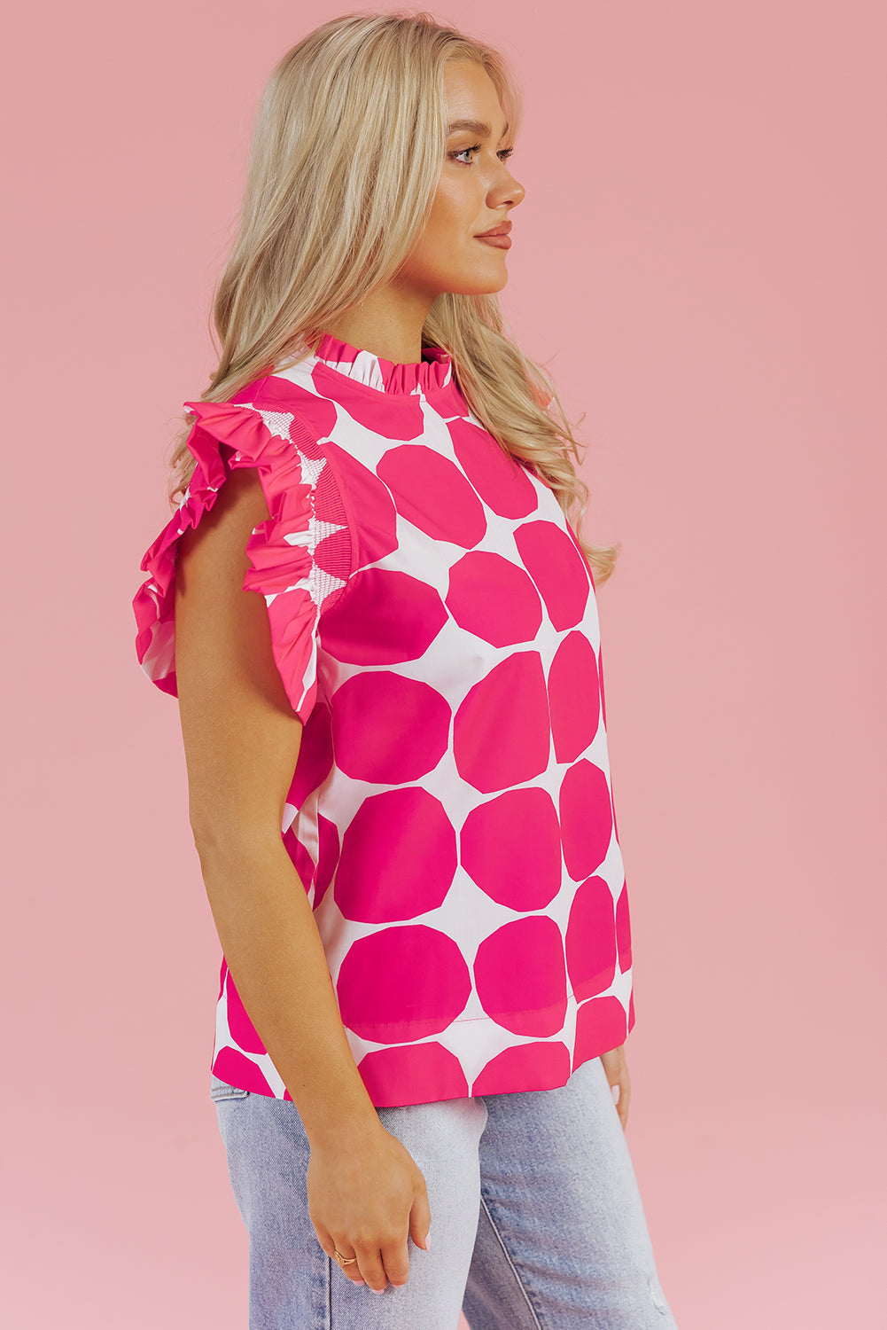 Rose Bubblegum Pattern Frilled Collar Flutter Sleeve Top eAura
