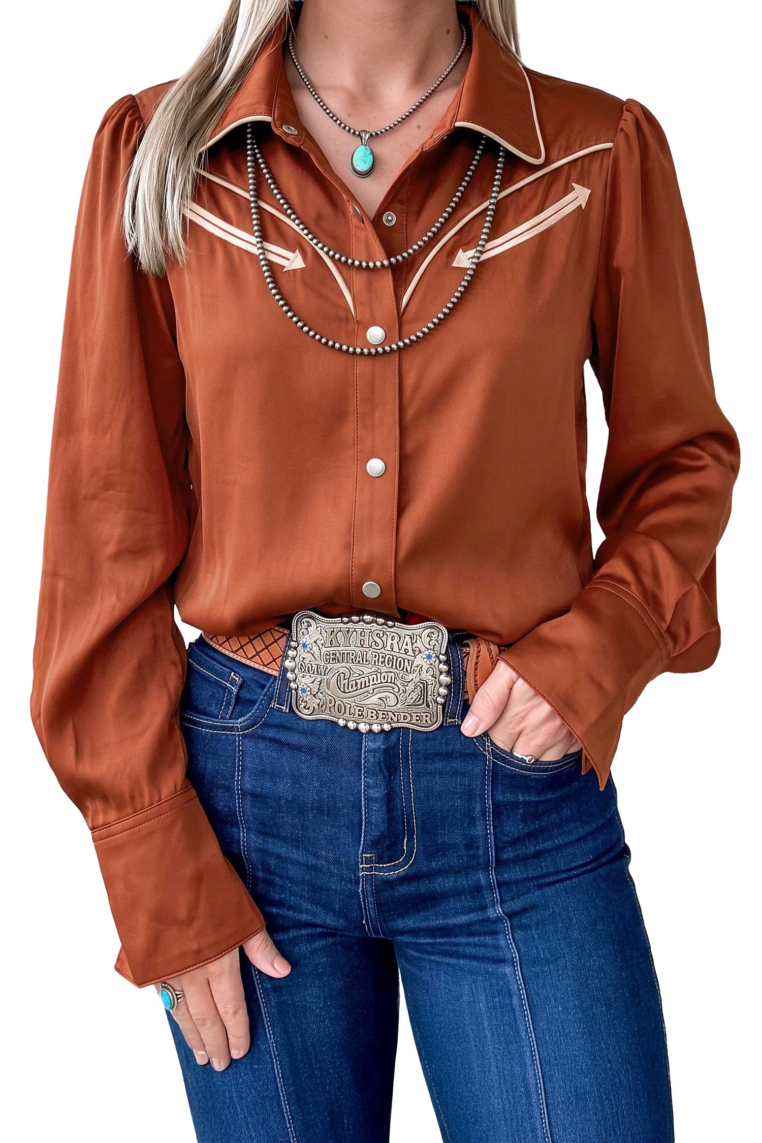 Silky Long Sleeve Button Front Western Fashion Shirt – Cinnamon