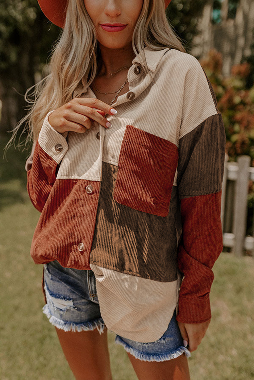 Cinnamon Colourblock Curved Hem Corduroy Shacket with Pocket Beagle Boutique Fashion Outlet