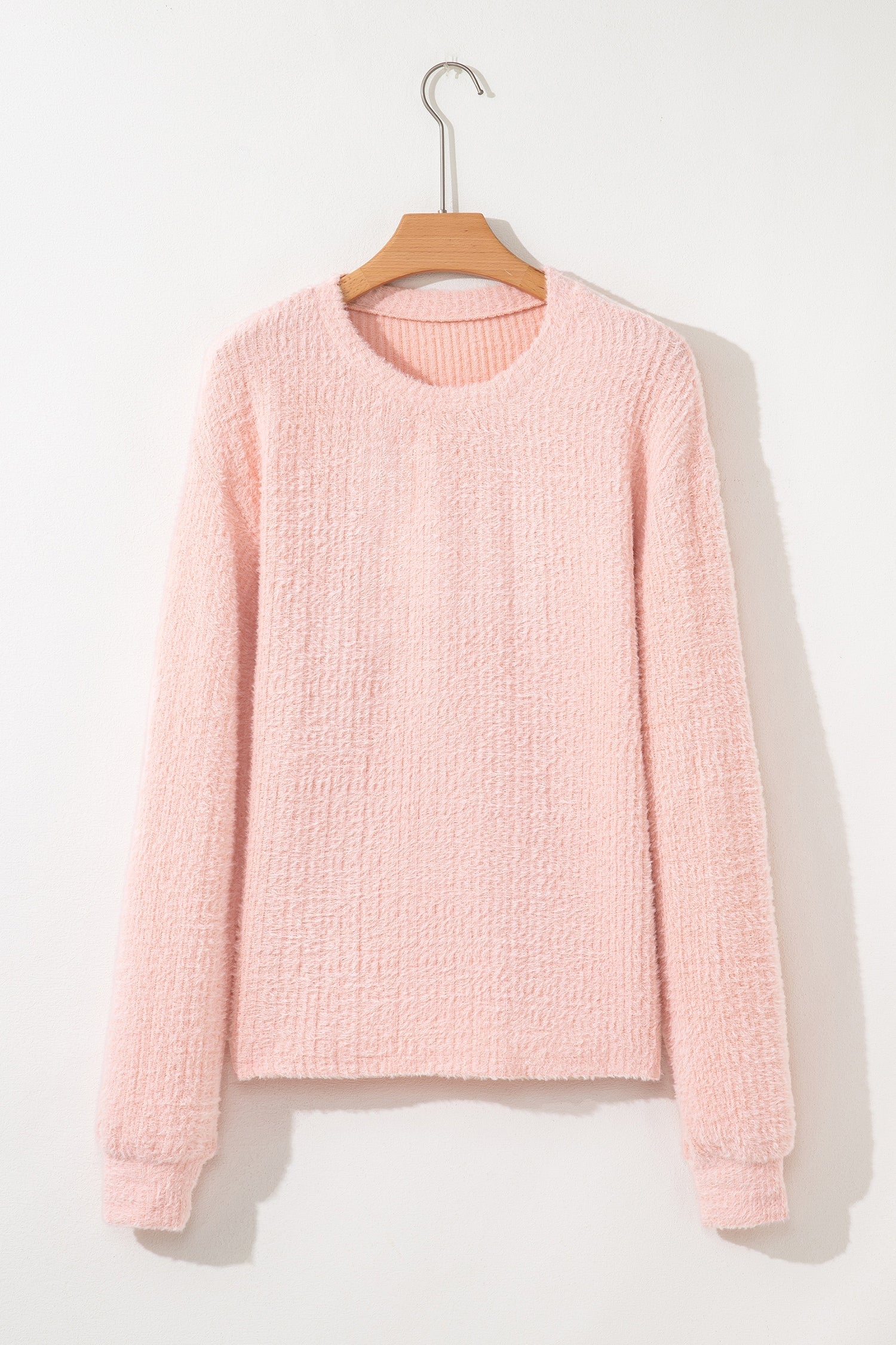 Fuzzy Ribbed Texture Round Neck Long Sleeve Top - eAura