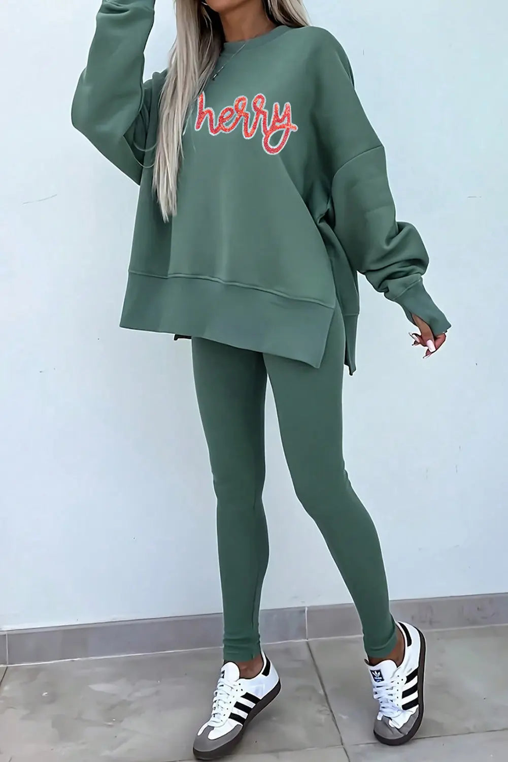 Sequin Merry Letter Graphic Sweatshirt and Leggings 2pcs Outfit