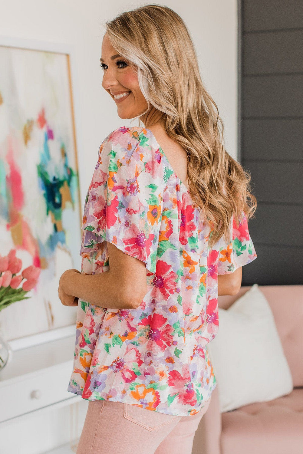 MultiColour WaterColour Floral Square Neck Ruffle Sleeve Blouse eAura