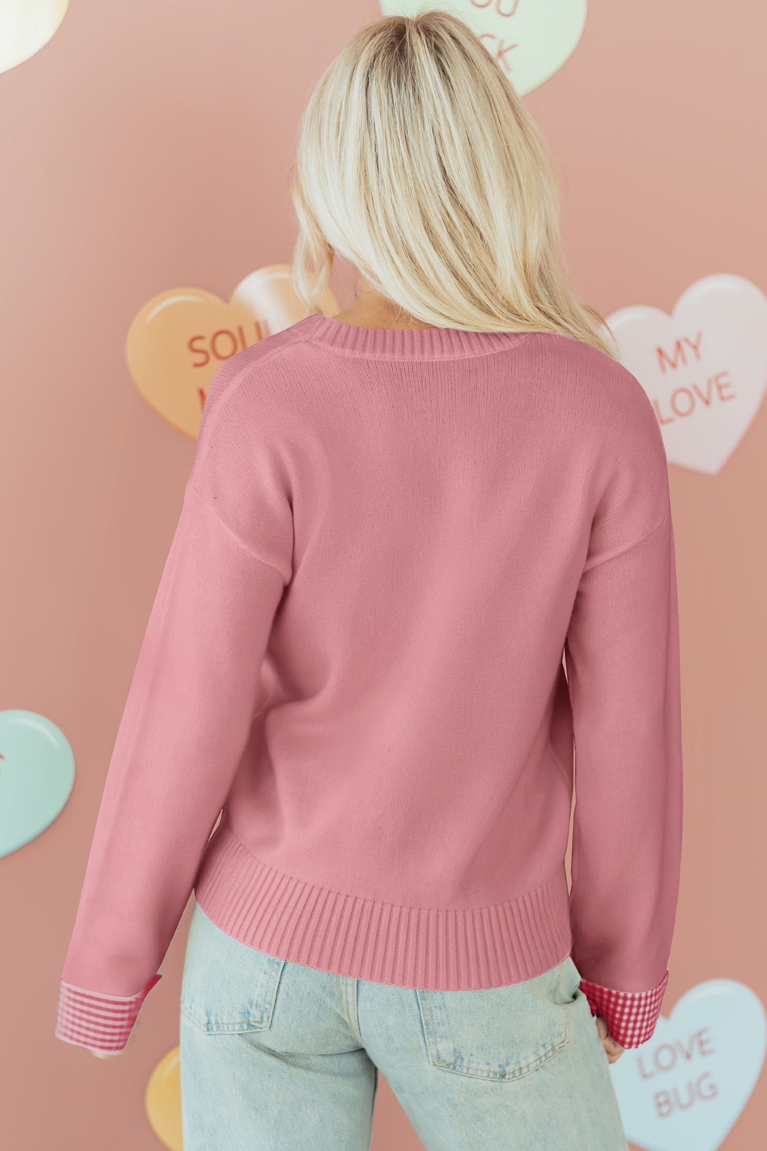 Heart Embroidered Cuffed Drop Shoulder Sweater - Sweaters & Cardigans/Sweaters