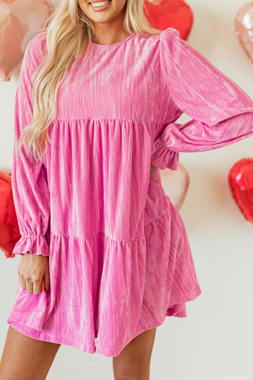Strawberry Pink Flounce Sleeve Tiered Ruffled Velvet Mini Dress eAura
