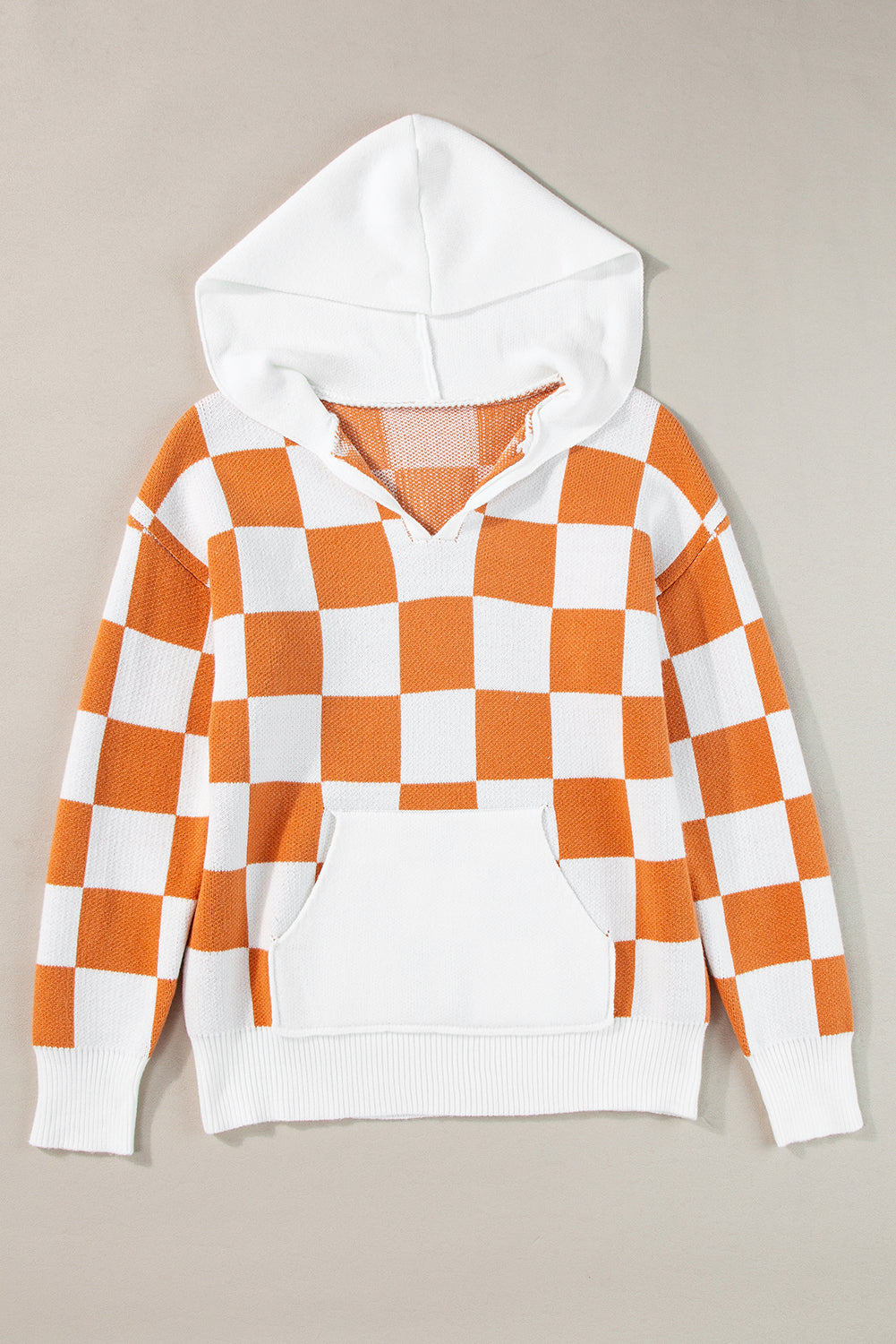 Gold Flame Checkered Split Neck Contrast Kangaroo Pocket Hoodie Sweater eAura
