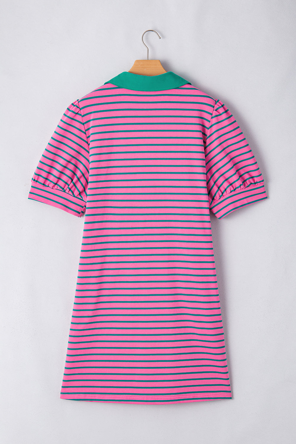 Rose Stripe Collared V Neck Puff Sleeve Shift T Shirt Dress with Pockets BB Fashion Outlet